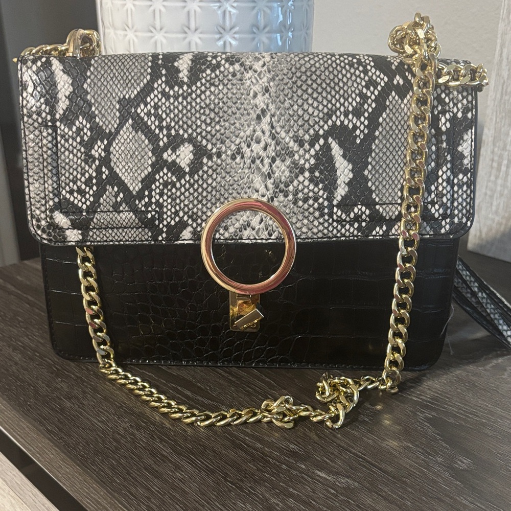 Aldo Black and Snake Print Crossbody Bag with Gold Chain